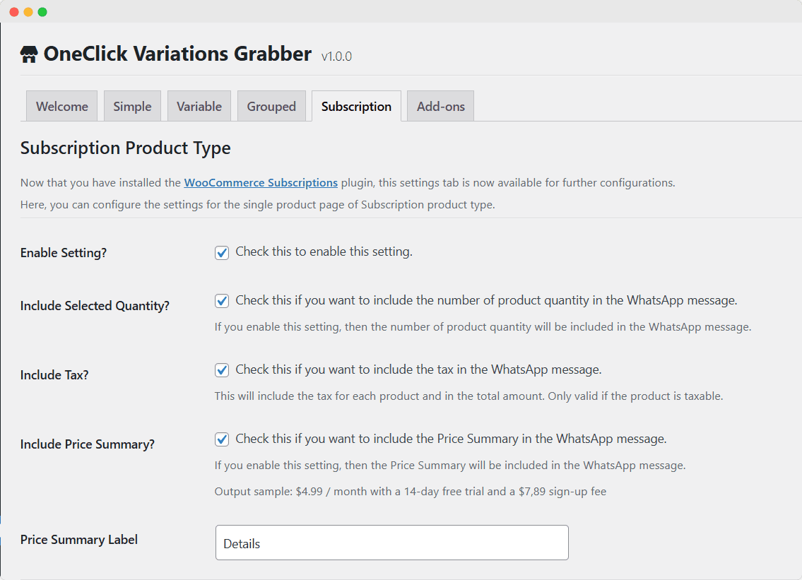 OneClick Variations Grabber Subscription Product Type settings tab