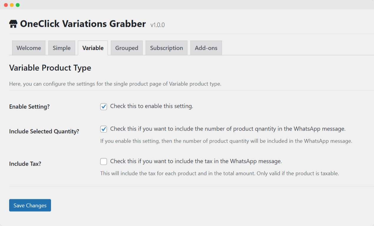 OneClick Variations Grabber Variable Product Type settings tab